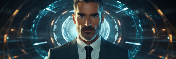 Portrait of a handsome man in a suit standing in front of a futuristic background with glowing blue circles