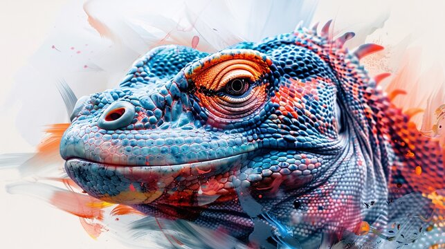 an abstract komodo dragon portrait infused with colorful double exposure paint
