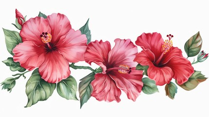 Watercolor hibiscus clipart with tropical blooms in shades of red and pink