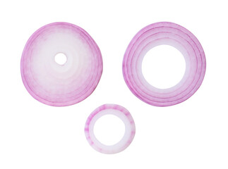 Top view set of red or purple onion rings or slices isolated with clipping path in png file format
