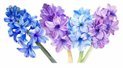 Watercolor hyacinth clipart featuring fragrant blooms in shades of purple and blue - obrazy, fototapety, plakaty