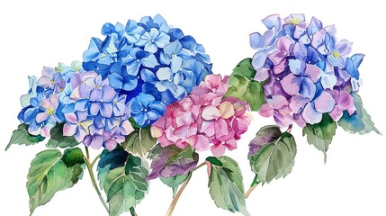 Watercolor hydrangea clipart with clusters of blue, purple, and pink flowers - obrazy, fototapety, plakaty