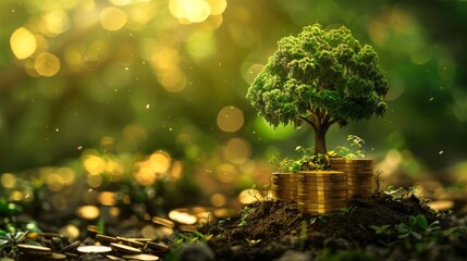 A tree growing out of a pile of gold coins, with a green background. - obrazy, fototapety, plakaty