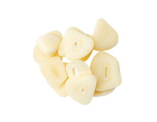 Top view of garlic slices or pieces in stack isolated with clipping path in png file format
