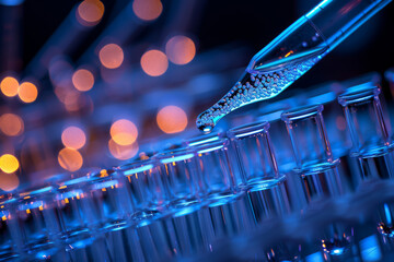 A blue liquid is being poured into a row of clear glass vials - obrazy, fototapety, plakaty