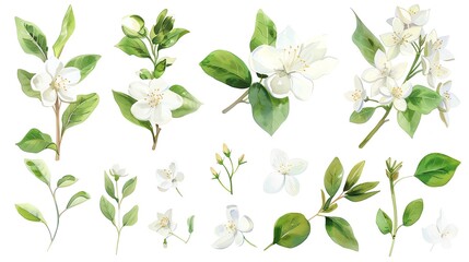 Watercolor jasmine clipart featuring delicate white flowers and green leaves - obrazy, fototapety, plakaty