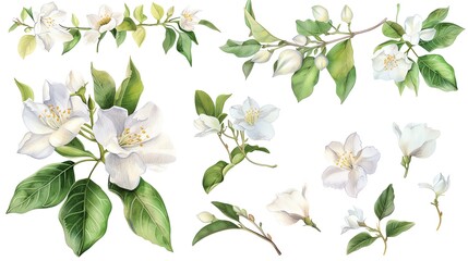 Watercolor jasmine clipart featuring delicate white flowers and green leaves - obrazy, fototapety, plakaty