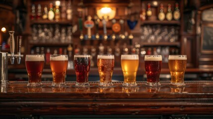 A variety of beers on tap at a bar