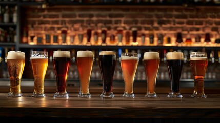 A variety of beers on tap at a bar.