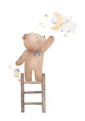 Teddy bear on a ladder among the clouds. Decor for a children's room. Watercolor illustration. Can be used for cards, invitations, baby shower, posters. Vintage.