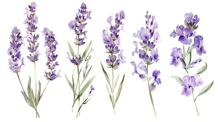 Fototapeta na wymiar Watercolor lavender clipart with delicate purple flowers and green stems