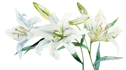Watercolor lily clipart with elegant white petals and green stems
