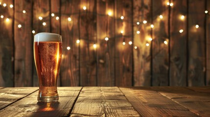 A wooden table with a glass of beer in front of a wooden background with fairy lights.