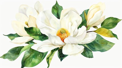 Watercolor magnolia clipart with large white petals and green leaves - obrazy, fototapety, plakaty