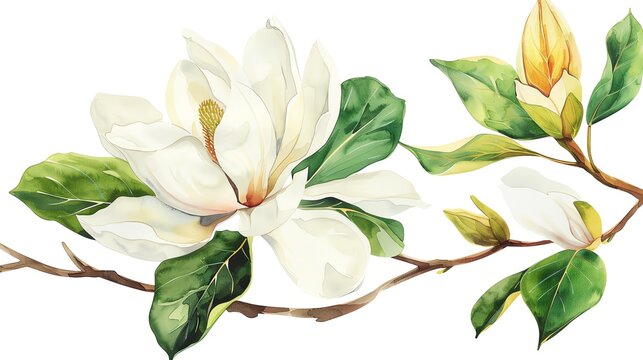 watercolor white magnolia flowers on branch clip art preview