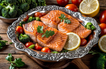 Cooked salmon fish arranged in three portions, accompanied by several pieces of broccoli scattered around the plate. Concept of healthy protein rich diet dish delicious ta