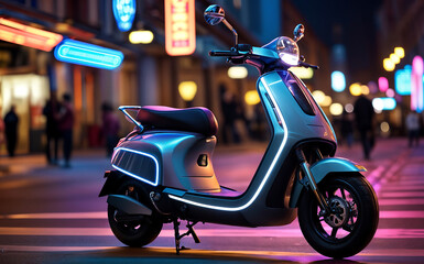 A blue scooter with neon lights lining its underside is parked on a city street at night,  with its headlights turned on and illuminating the scene