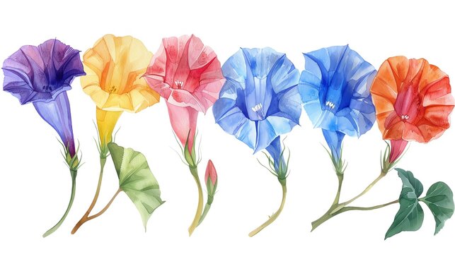 Watercolor morning glory clipart with trumpetshaped flowers in various colors