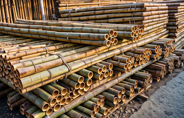 A large pile of dry and ready to use bamboo poles is stacked together, creating a towering display. The bamboo sticks are in various sizes and orientations - obrazy, fototapety, plakaty