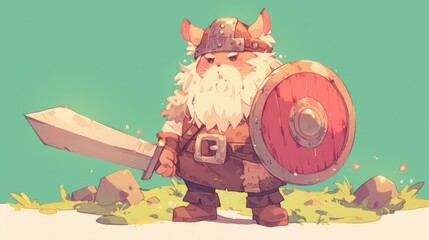 Illustration of a cute cartoon character named Melon depicted as a viking pirate sporting a hat while brandishing a sword and shield - obrazy, fototapety, plakaty