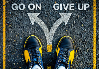 Top view of person standing on asphalt road and shoes are positioned between two arrow signs word text GO ON and GIVE UP