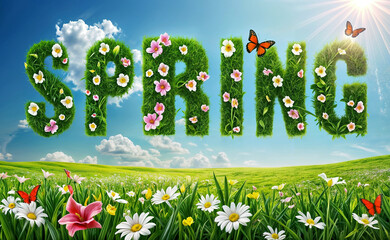 3d render illustration of the word text SPRING in green grass with flowers and butterflies on the bright blue sky background