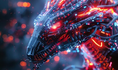Illustrate a cybernetic creature in a pixel art style, featuring glowing LED lights and intricate circuitry patterns - obrazy, fototapety, plakaty