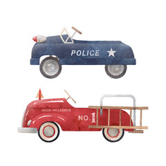 Collection of vintage children's cars. Watercolor illustration. Children's vintage cars, police and fire truck. Can be used for kid posters or cards. - obrazy, fototapety, plakaty