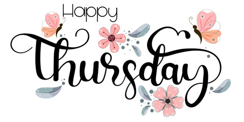 Hello THURSDAY. Thursday day of the week with flowers, butterflies and leaves. Illustration (Thursday)	
