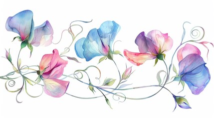 Watercolor sweet pea clipart with pastelcolored blooms and curly tendrils