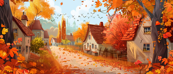 autumn in the village illustration background 