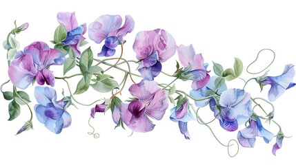 Watercolor sweet pea clipart with pastelcolored blooms and curly tendrils - obrazy, fototapety, plakaty