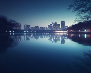 A tranquil lake reflecting the lights of a futuristic cityscape in the distance - 1