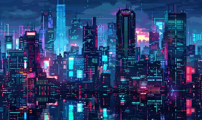 Illustrate a futuristic cityscape using vibrant pixel art, highlighting the integration of Fintech services through sleek, neon-lit buildings and advanced digital interfaces