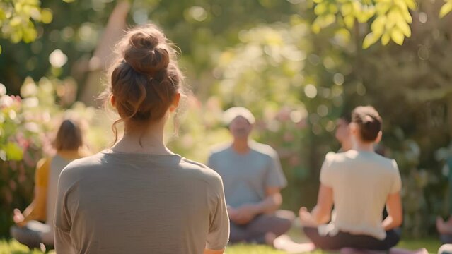 A group of meditators of various ages and backgrounds have come together in this tranquil garden to find a moment of respite and inner . .