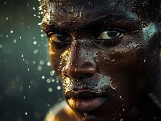 portrait of a black man with water on his face