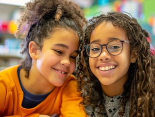 Two young girls with curly hair smile at the camera. - obrazy, fototapety, plakaty