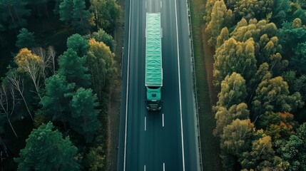 An aerial shot of a semi truck driving through a fall forest. - obrazy, fototapety, plakaty