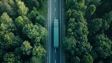 An aerial shot of a truck driving through a lush green forest.