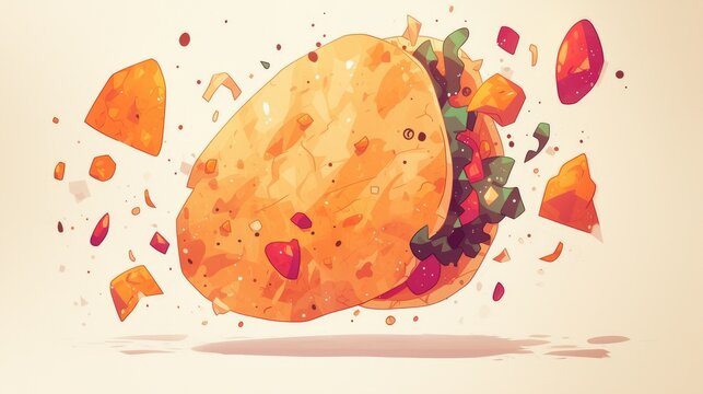 An illustration of a taco skillfully juggling with balls is depicted in a dynamic 2d image set against a clean white background