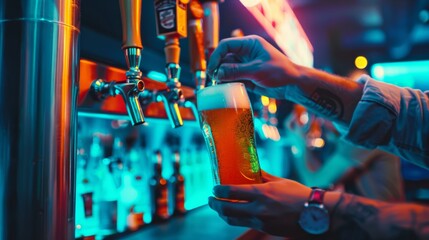 bartender pouring a draft beer from a tap into a glass - obrazy, fototapety, plakaty