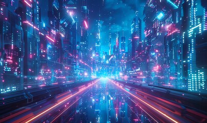 Fototapeta na wymiar Illustrate a mesmerizing futuristic cityscape in a wide-angle view with neon accents and pixel art style, showcasing the integration of geospatial technology for a sci-fi aesthetic