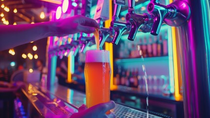 bartender pouring a glass of beer at a bar with neon lights