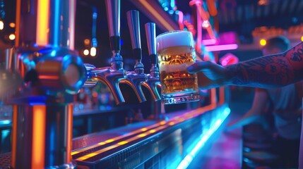 Bartender's hand holding a mug of draft beer with foam in a nightclub - obrazy, fototapety, plakaty