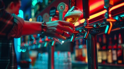 bartender's hand pulling a draft beer with neon lights in the background - obrazy, fototapety, plakaty