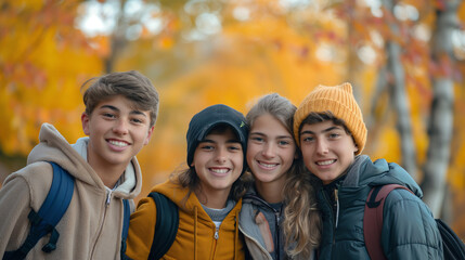 Four smiling teenagers in front of a blurry background of yellow fall leaves.

