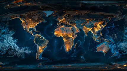 Blue and gold world map with glowing city lights