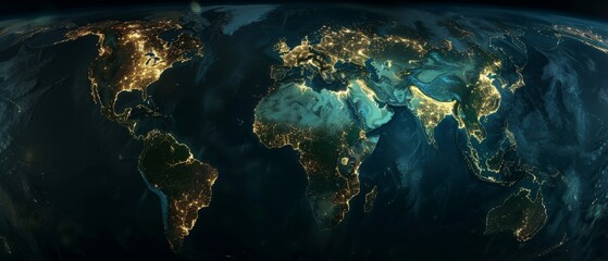 Blue and green glowing night lights of the Earth from space showing major cities and landmasses.