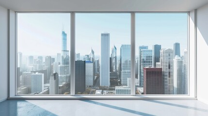 Empty interior space, concrete floor with glass wall and modern buildings in the city view AI generated