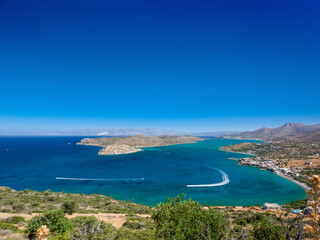 Overlooking Spinalonga island and peninsula from height (Plaka, Crete, Greece)